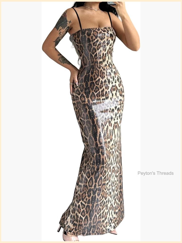 Women's Sequin Leopard Print Maxi Dress Bodycon Sleeveless Party Club